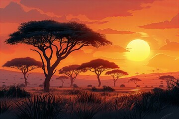 Depicting African sunset over savannah