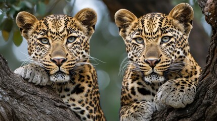 Fototapeta premium Two Majestic Leopards Resting on a Tree Branch in Natural Habitat, Showcasing Their Striking Spots and Intense Gaze Amidst Lush Greenery