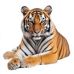 Fototapeta premium Majestic tiger resting calmly while showcasing striking orange and black stripes with piercing eyes in a studio setting against a white background.