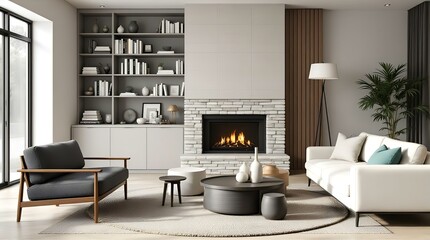 Modern Living Room with Cozy Fireplace, Built-in Shelving, and Stylish Furniture