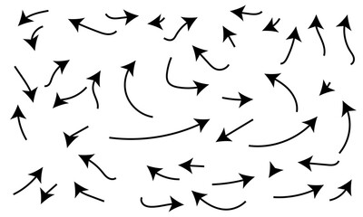 Hand drawn thin line arrows set. Many vector curvy and wavy arrows isolated on white background. Arrow mark icons and arrow paint. Stock vector, eps10