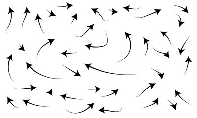 Hand drawn thin line arrows set. Many vector curvy and wavy arrows isolated on white background. Arrow mark icons and arrow paint. Stock vector, eps10