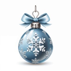 Blue Christmas ornament with white snowflakes and a large snowflake design, decorated with a blue bow.Christmas decorations, tree ornaments, Winter charm, festive elegance. a symbol of the holiday s

