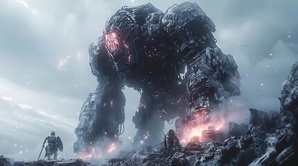 A colossal robotic giant looms over a lone warrior amidst a desolate, rocky landscape under a stormy sky.