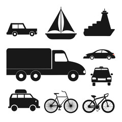Naklejka premium Vehicle silhouettes cars, trucks, bikes and boat art illustration
