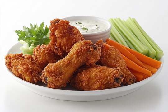 Plate of fried chicken with celer and carrots.