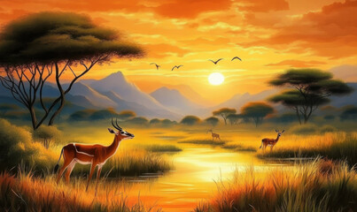 Sunset on the grassland, a group of antelopes and deer with plum blossoms by the pond