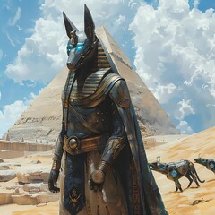 Anubis, Egyptian god, stands before pyramids in a desert landscape with robotic jackals.
