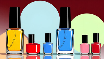 Colorful nail polish bottles, fashion trendy illustration. Generative AI
