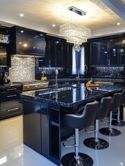Modern Dark Kitchen Island With Crystal Chandelier