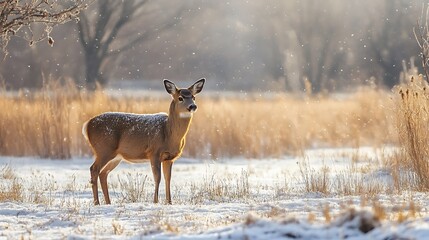 Obraz premium Doe in Winter Woods. Winter Wildlife, Snowy Landscape, Nature, Deer, Animal