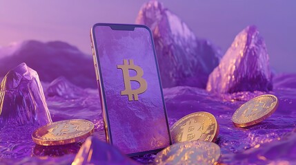 Computer digital drawing rendering of a gold smart phone on a purple background
