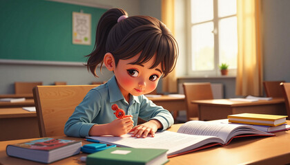 Young girl focused on writing in bright classroom.