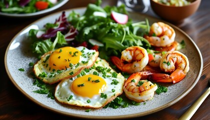 Delicious Shrimp Omelet with Vibrant Salad and Fresh Vegetables for Upscale Dinner Experience
