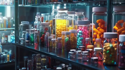 Fototapeta premium Colorful Pills in Glass Jars on Pharmacy Shelf