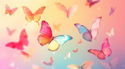 Obraz premium Multicolored Butterflies Dancing in Pastel Sky - Dreamy Spring Scene