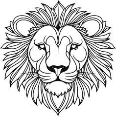 Lion face line art mandala style Simple bold Line Art, black color white background.eps