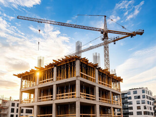 Concrete construction. Modern building under construction with a crane at sunset.
