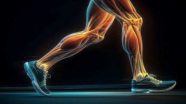3D render of human leg muscles in motion, quadriceps, calves, and hamstrings working in a dynamic pose, subtle lighting from the bottom to accentuate the muscle groups, mood of movement