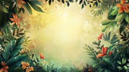 Lush Tropical Garden Frame, Vibrant Orange Flowers, Sunlit Canopy, Copy Space