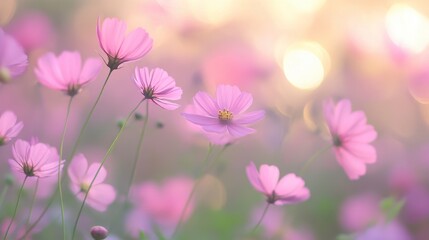 Fototapeta premium Pink Cosmos Flowers in Soft Sunset Light - Dreamy Field