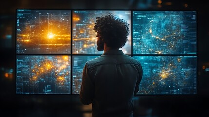 Man observing data on large screens.