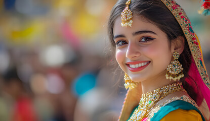 Fototapeta premium A beautiful young woman in an Indian-style blue and pink dress stands at the center of the picture, smiling as people dance around her in the background under the lights of an Indian festival celebrat