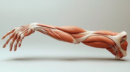 Educational diagram of the human arm muscles, showing forearm, upper arm, and shoulder in soft gradient light, detailed muscle fiber textures, neutral background to highlight structure