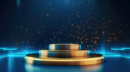 Empty podium golden on blue background with light neon effects with bokeh decorations. Luxury scene design concept. Vector illustrations.