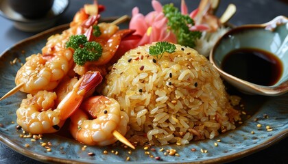 Delightful Golden Fried Rice with Succulent Shrimp Skewers and Fresh Vegetables for Dinner