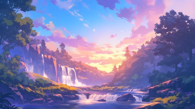 Serene anime sunset scene with forest, river, and a flowing waterfall.
