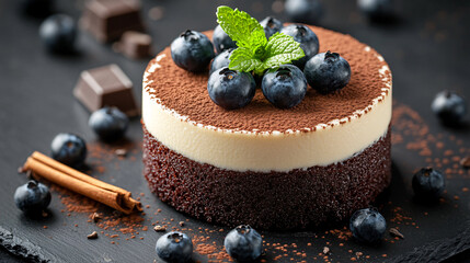 Elegant Chocolate Vanilla Mousse Dessert with Fresh Blueberries and Mint Leaves