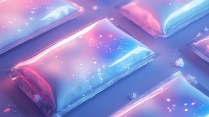A collection of translucent, colorful packets with a cosmic design.