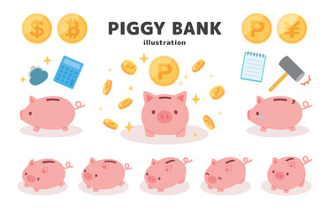 豚の貯金箱とポイント、マネーのイラスト素材集