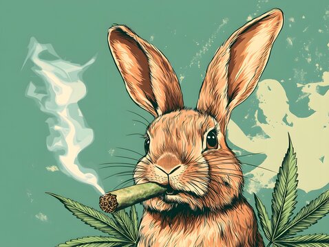 Cool Rabbit Smoking Joint Marijuana Leaf Background Vintage Style. Generative AI