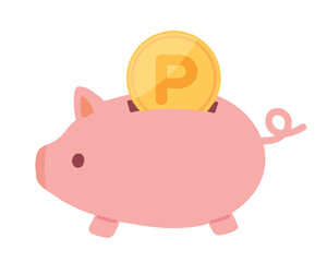 豚の貯金箱とコインのイラスト