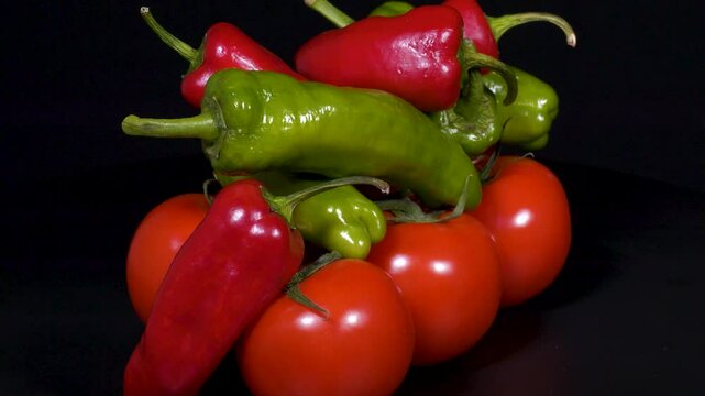 Close-up footage of tomatoes, red and green peppers on black background.