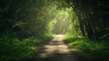 Obraz premium Sunlight Path in a Lush Forest. Concept of Nature, Adventure, and Tranquility.