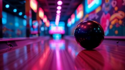 Bowling with neon lights and a shiny ball in motion