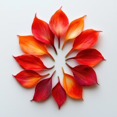 Obraz premium Vibrant Arrangement of Colorful Leaves in Shades of Red, Orange, and Yellow Forming a Beautiful Floral Mandala on a White Background for Decorative Use