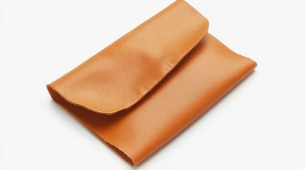 Tan leather clutch purse on white background.