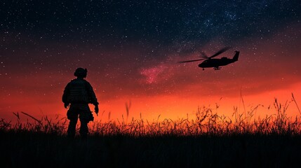 Fototapeta premium Soldier Silhouetted Against Night Sky with Helicopter