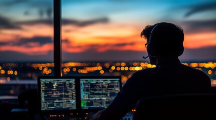 Fototapeta premium Traffic Control Operations at Sunset with Silhouette Style