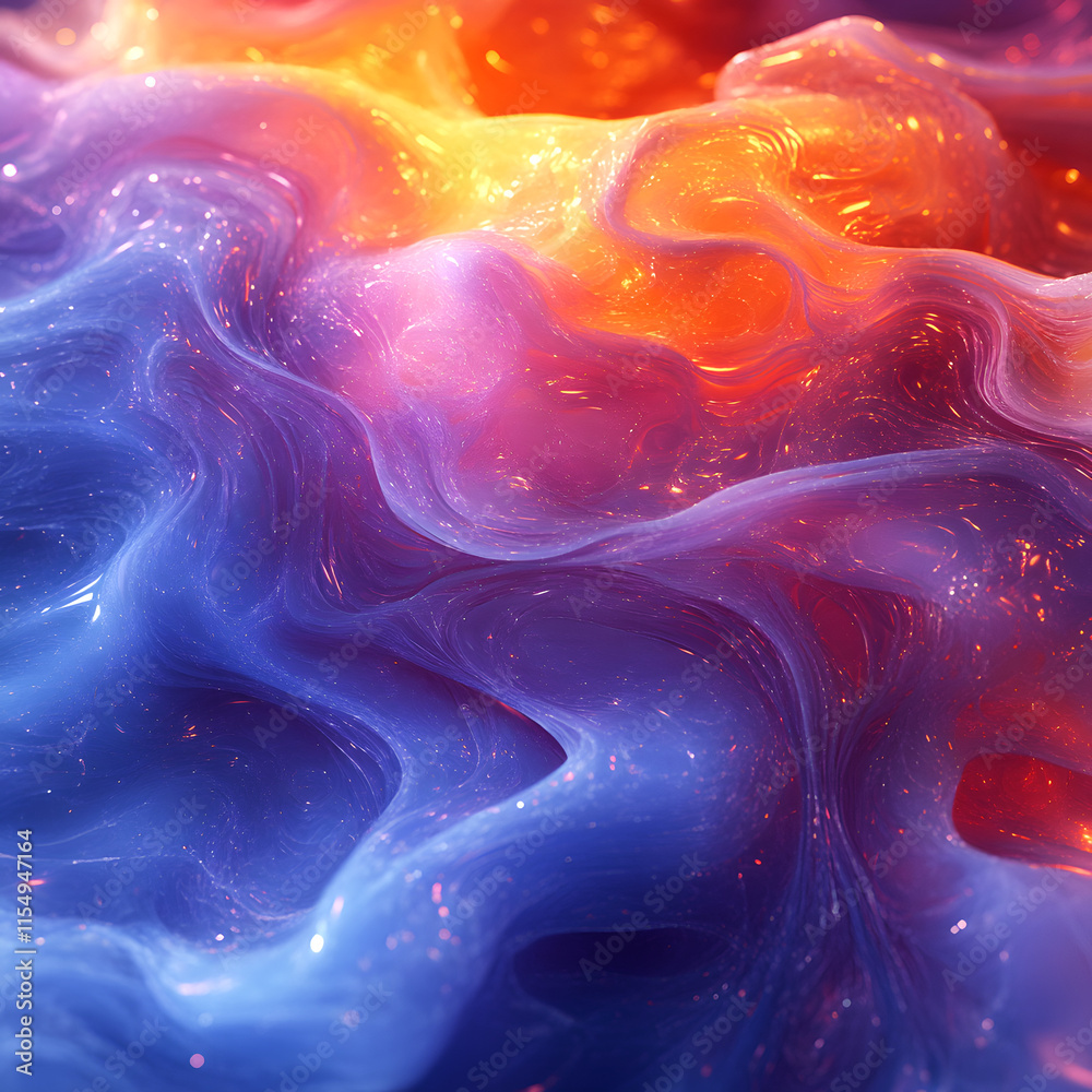Poster abstract illustration of an undulating flow of a thick liquid, shimmering with vibrant blue-orange c
