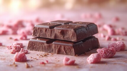 Single piece of dark chocolate on a pastel gradient surface