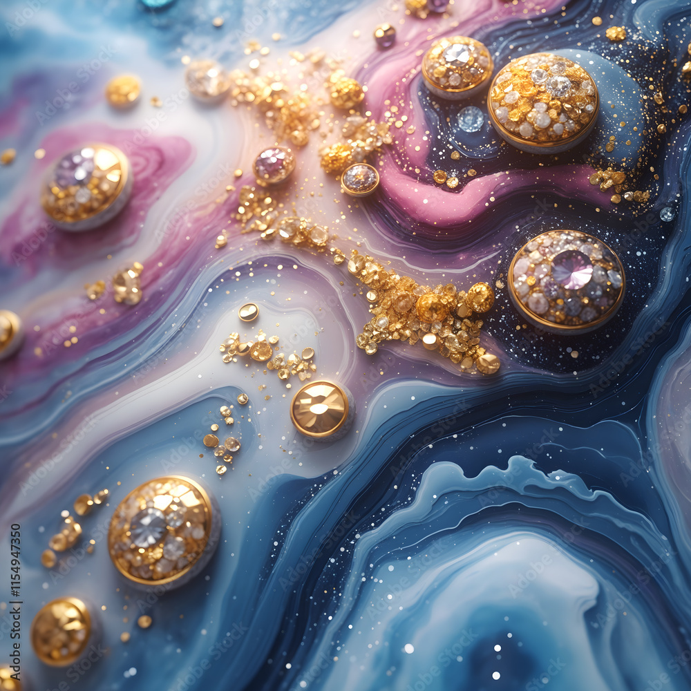 Poster Colorful streams of marble frame golden spheres scattered throughout the composition. Stones and sequins add depth and richness to the image. Each element is harmoniously integrated into the backgroun
