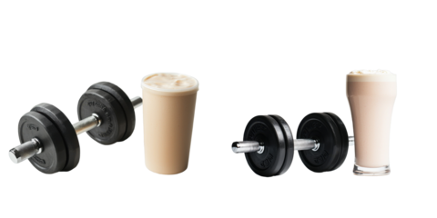 Strength training and nutrition weights and protein shakes in a fitness environment