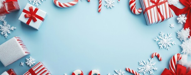 Obraz premium Festive Christmas Background with Red and White Gifts, Candy Canes, Snowflakes, and a Light Blue Surface for Seasonal Holiday Celebrations and Decoration Ideas