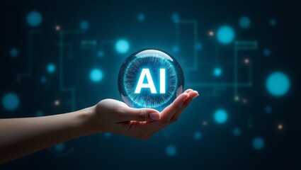 The hand holding the AI ​​holographic sphere symbolizes the power of modern digital technology.