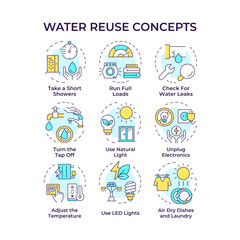 Water reuse multi color concept icons. Natural sources management. Liquid recycling processes. Eco friendly technology. Icon pack. Vector images. Round shape illustrations for booklet. Abstract idea